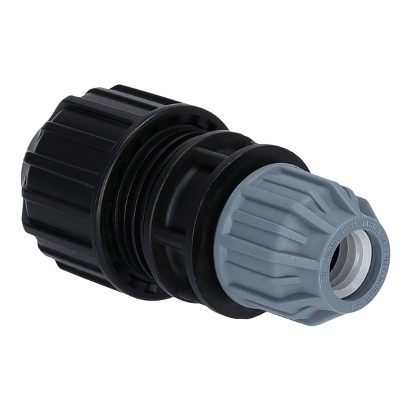 PP-Klemmkupplung mit schwarzem Fittingkörper und blauer Verschraubung vor weißem Hintergrund. Die Darstellung dient als neutrales Produktfoto und repräsentiert eine beliebige Ausführung der Klemmkupplungsserie.